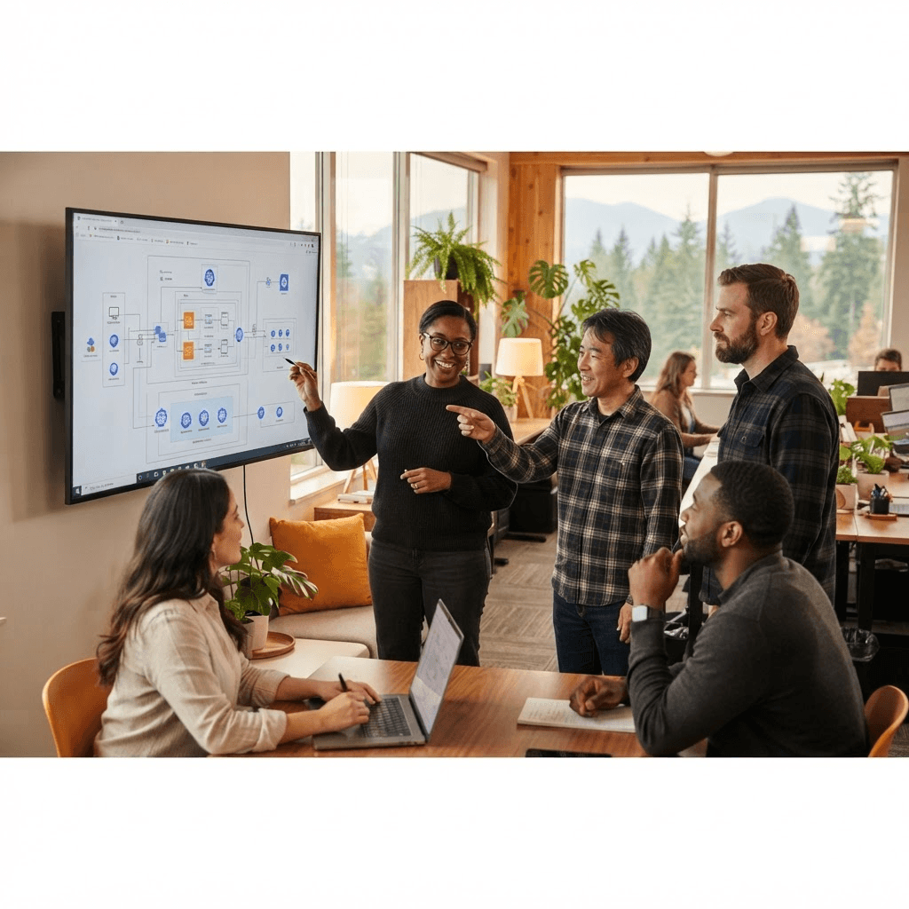 The experienced Canviz engineering team collaborating in their Kirkland office