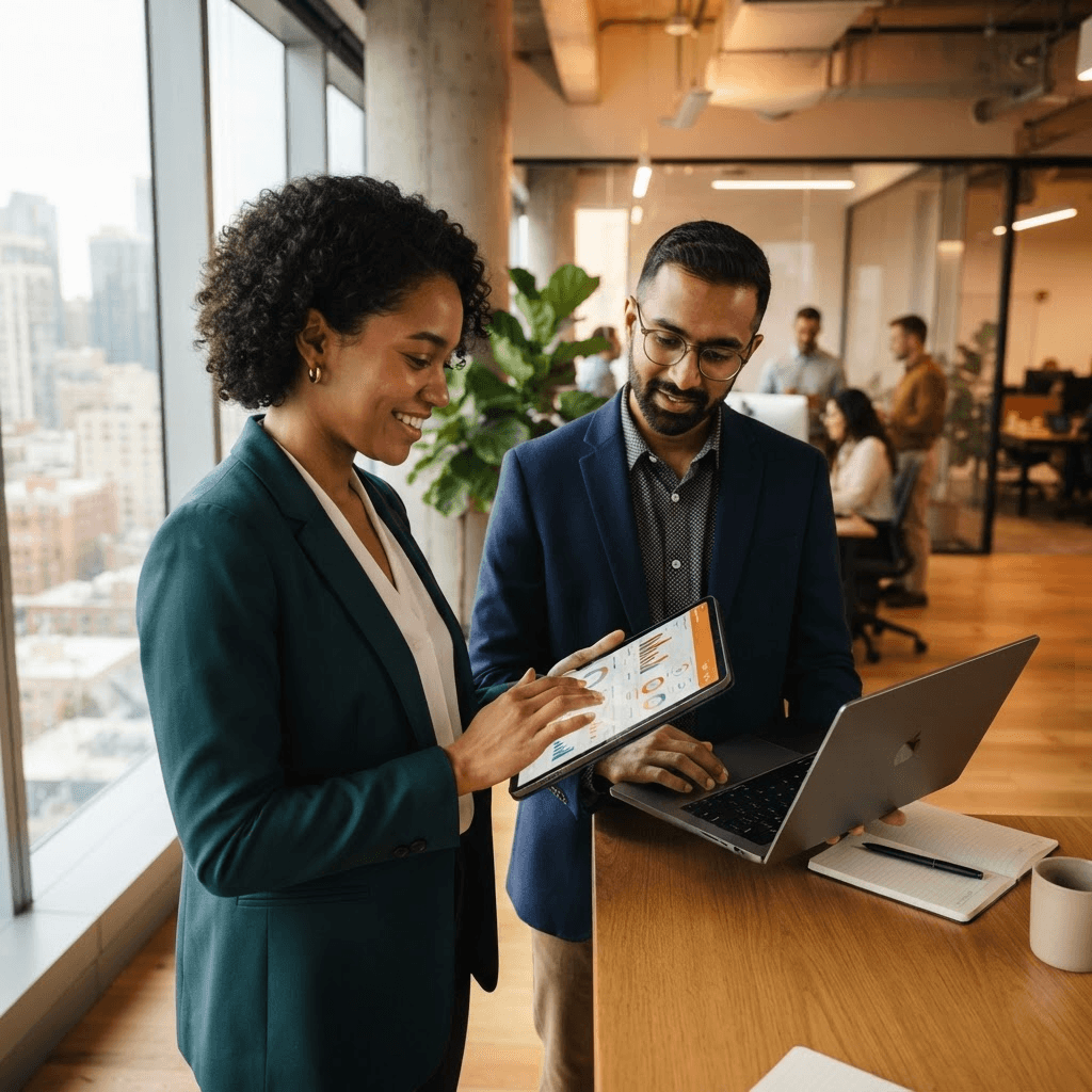 Business professionals using a custom dashboard app and reviewing analytics