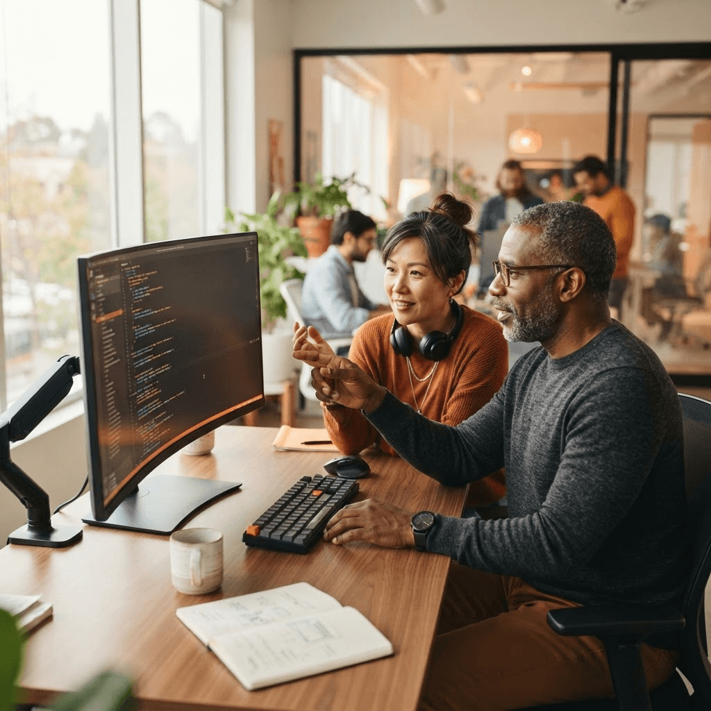 Two senior Canviz engineers collaborating on code at a modern workstation